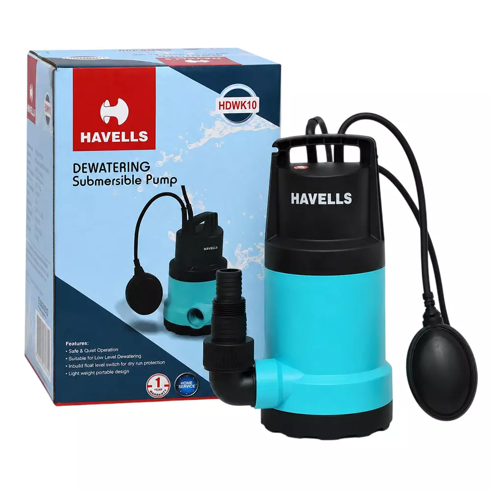 Havells MP10 Submersible Dewatering Pump 1 HP Single Phase 9.5m (Max.) Head Range 240 LPM Flow Rate, HDWK10