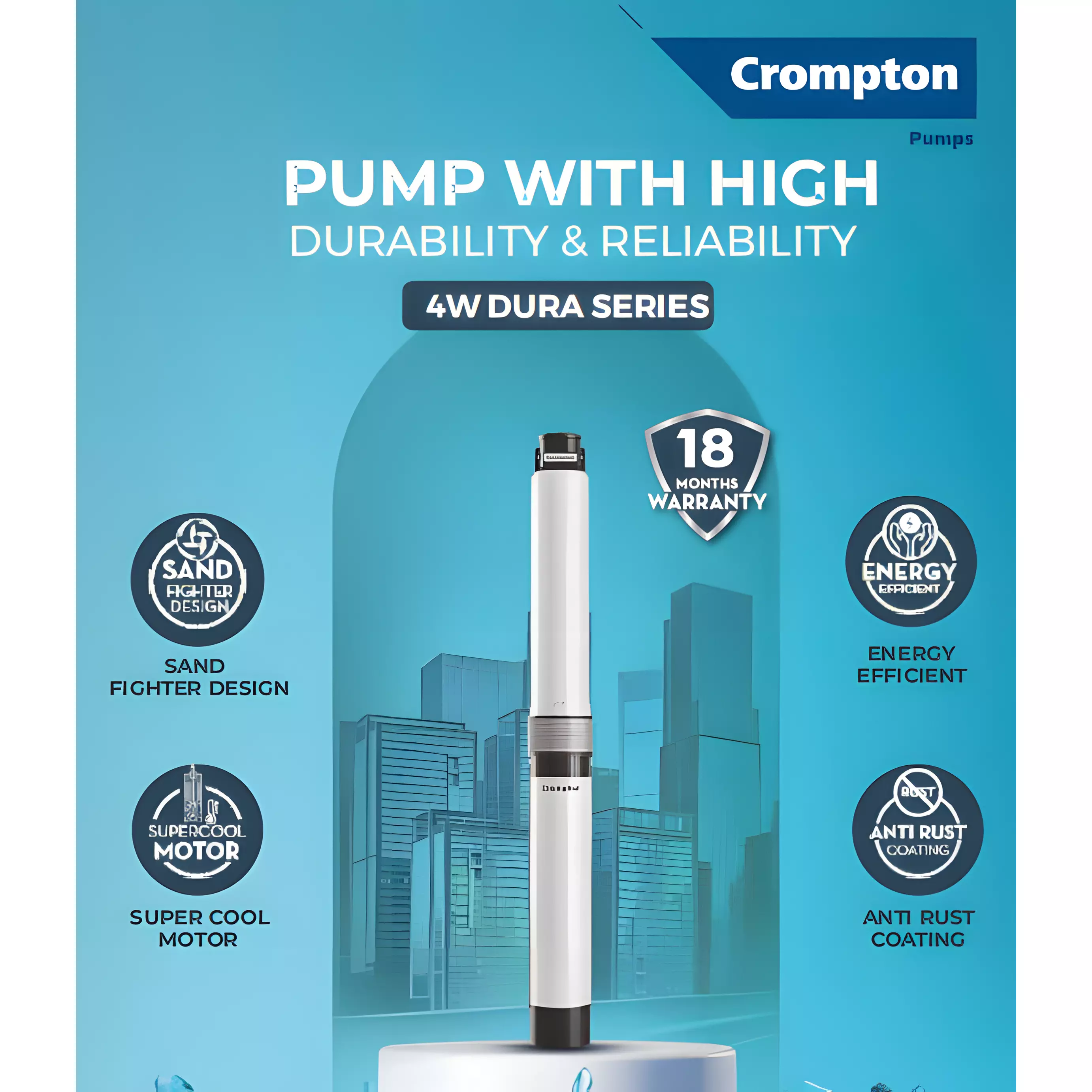 Crompton 1 HP Submersible Pump Set 4W Dura Series Single Phase 7 Stage and 100-0 LPH Flow Rate, 4W1/7-BUE-D