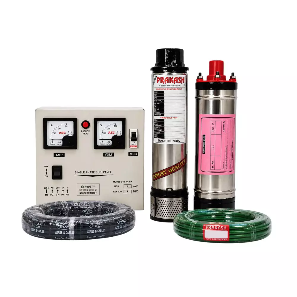 BALAJI PRAKASH 1.5 HP Single Phase Pure Copper Water Filled Submersible Pump With Control Panel, 60 m Safety Wire & 50 m Submersible Cable 100 mm Bore Size 50 m Head Range