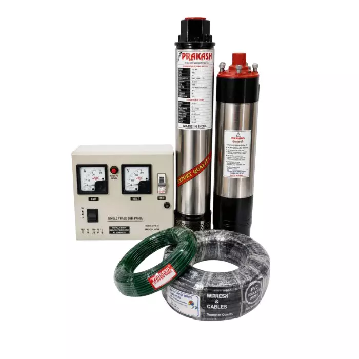 BALAJI PRAKASH 1.5 HP Single Phase Oil Filled Submersible Pump With Control Panel, 60 m Safety Wire & 50 m Submersible Cable 100 mm Bore Size 50 m Head Range