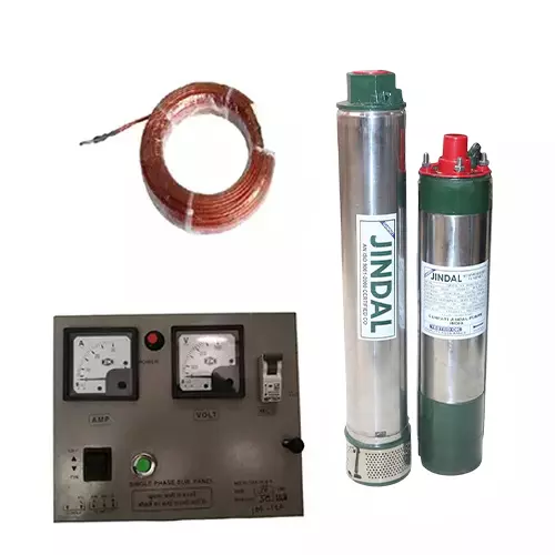 Jindal 2 HP 4 inch 15 Stage Single Phase Oil Filled Borewell Submersible Pump with Control Panel and 50 m Safety Wire