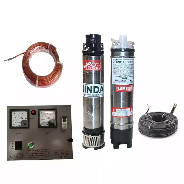 Jindal 1 HP 4 inch 10 Stage Single Phase Water Filled Borewell Submersible Pump with Control Panel, 30m Safety Wire and Submersible Cable