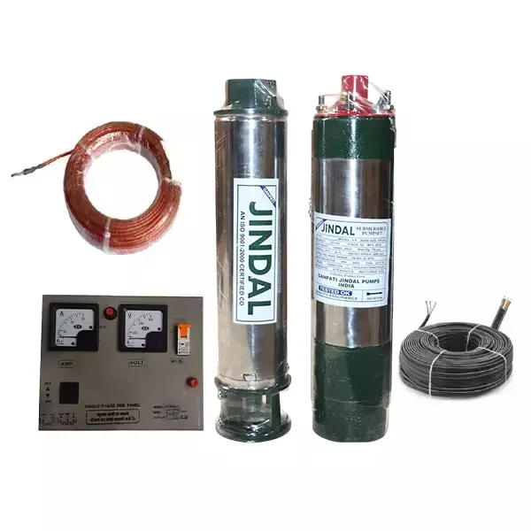 Jindal 1 HP 4 inch 10 Stage Single Phase Oil Filled Borewell Submersible Pump with Control panel, 30 m Safety Wire and Submersible Cable