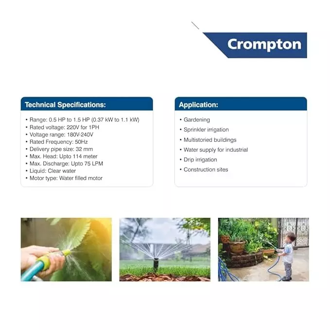 Crompton 1 HP V3 Dura Submersible Pump Set 3W Dura Series Single Phase 12 Stage and 90-10 LPH Flow Rate, 3W1/12-AP-D