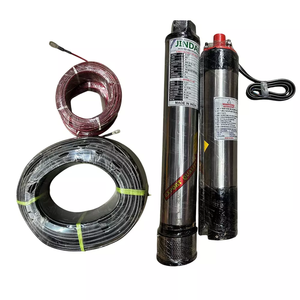 Jindal 2 HP Single Phase Borewell Submersible Pump, Control Panel, 60m Safety Wire and 50m Cable