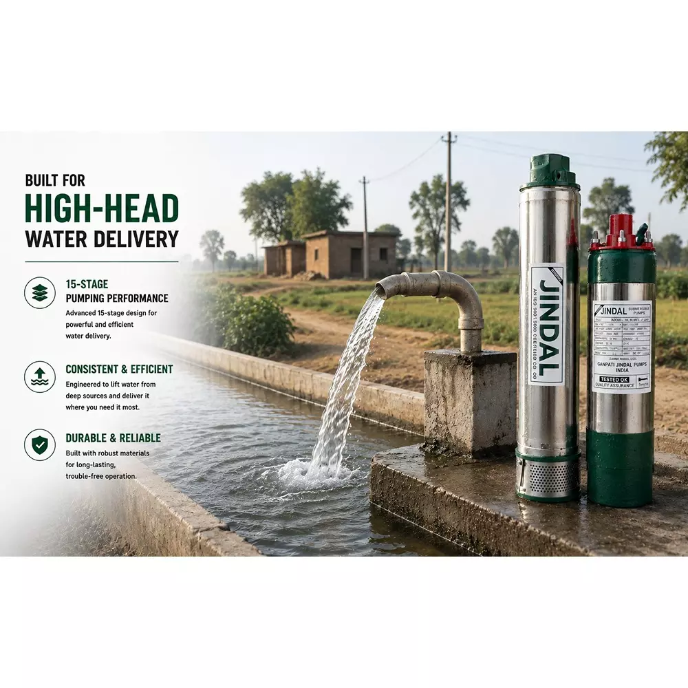 jindal-2-hp-4-inch-15-stage-single-phase-oil-filled-borewell-submersible-pump-with-control-panel-60-m-safety-wire-50-m-submersible-cable