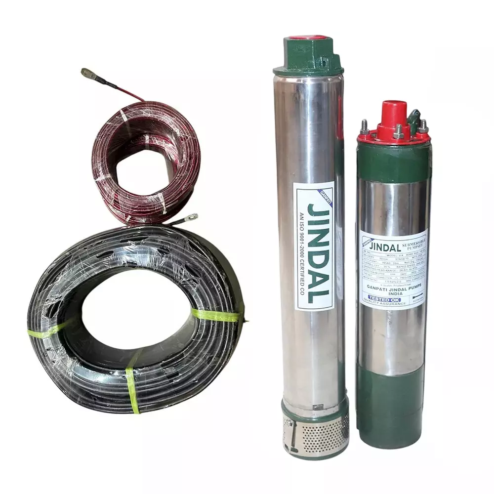 Jindal 2 HP 4 inch 15 Stage Single Phase Oil Filled Borewell Submersible Pump with Control Panel, 60 m Safety Wire & 50 m Submersible Cable