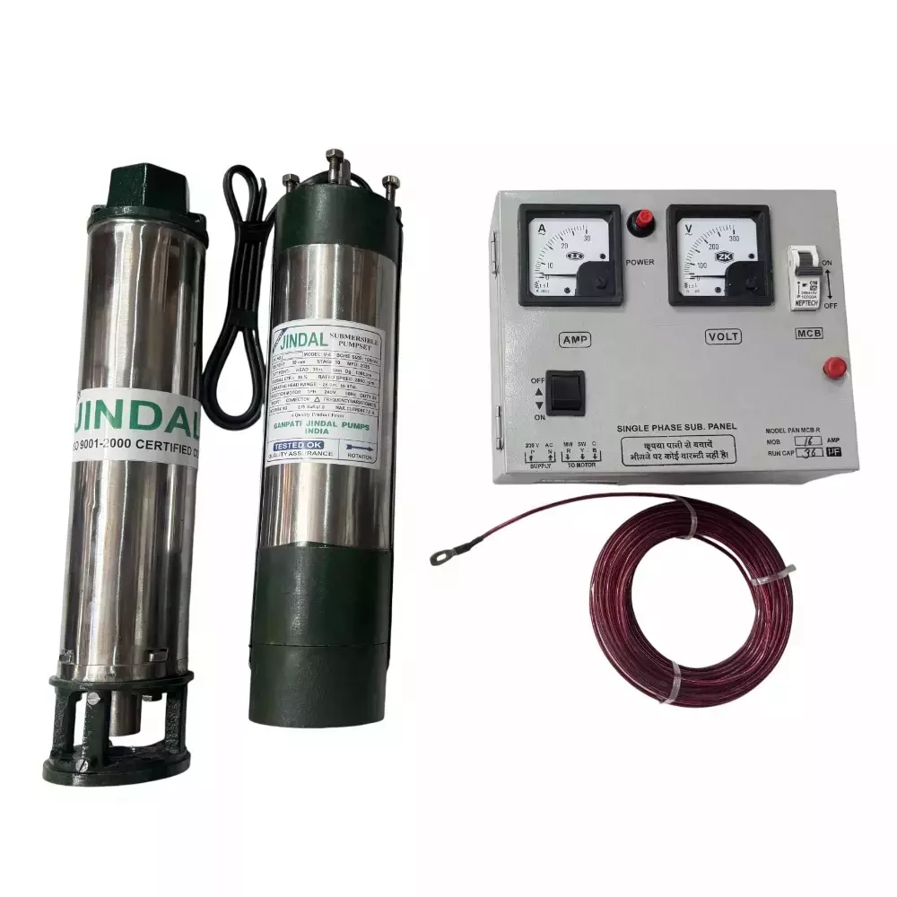 Jindal 1HP Single Phase Oil Filled Borewell Submersible Pump with Control Panel and 30m Safety Wire