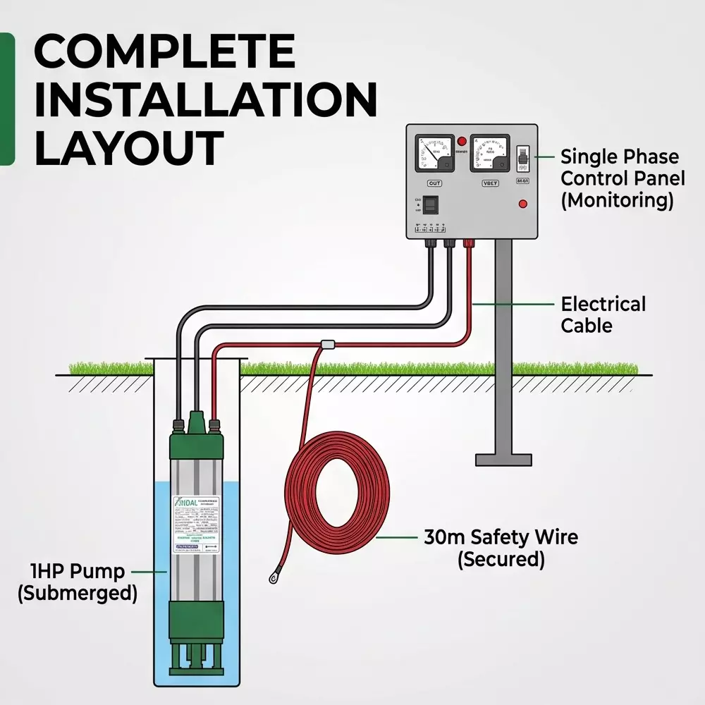 jindal-1hp-single-phase-oil-filled-borewell-submersible-pump-with-control-panel-and-30m-safety-wire