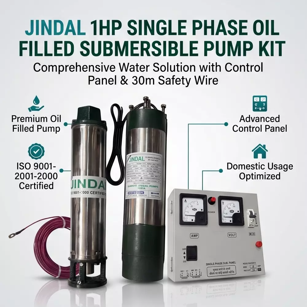 jindal-1-hp-oil-filled-single-phase-4-inch-borewell-submersible-pump-with-control-panel-and-30-mtr-safety-wire