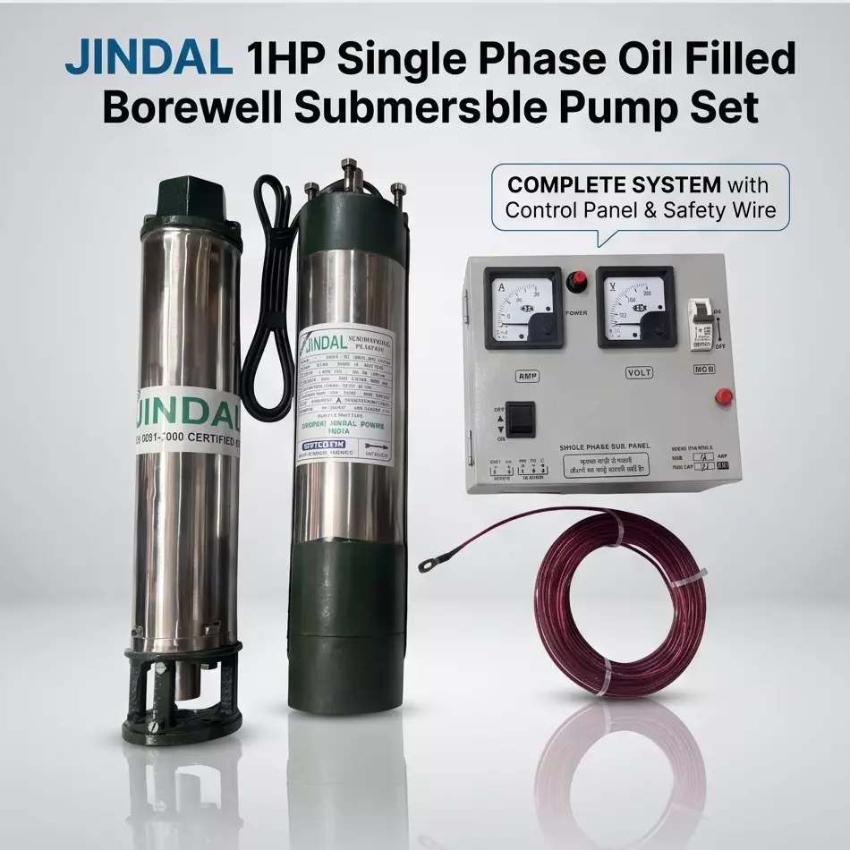 jindal-1hp-single-phase-oil-filled-borewell-submersible-pump-with-control-panel-and-30m-safety-wire