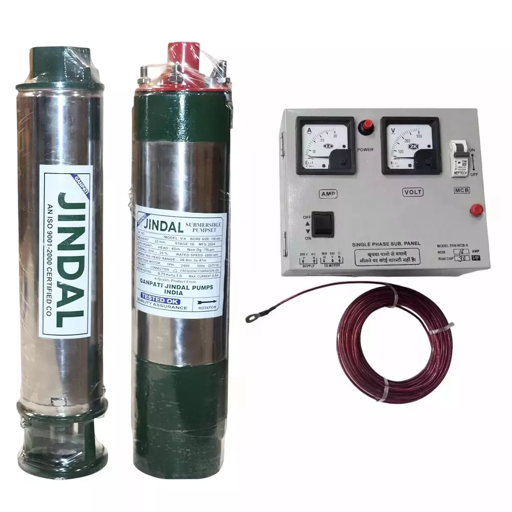 Jindal 1 HP 4 inch 10 Stage Single Phase Oil Filled Borewell Submersible Pump with Control Panel and 30 m Safety Wire
