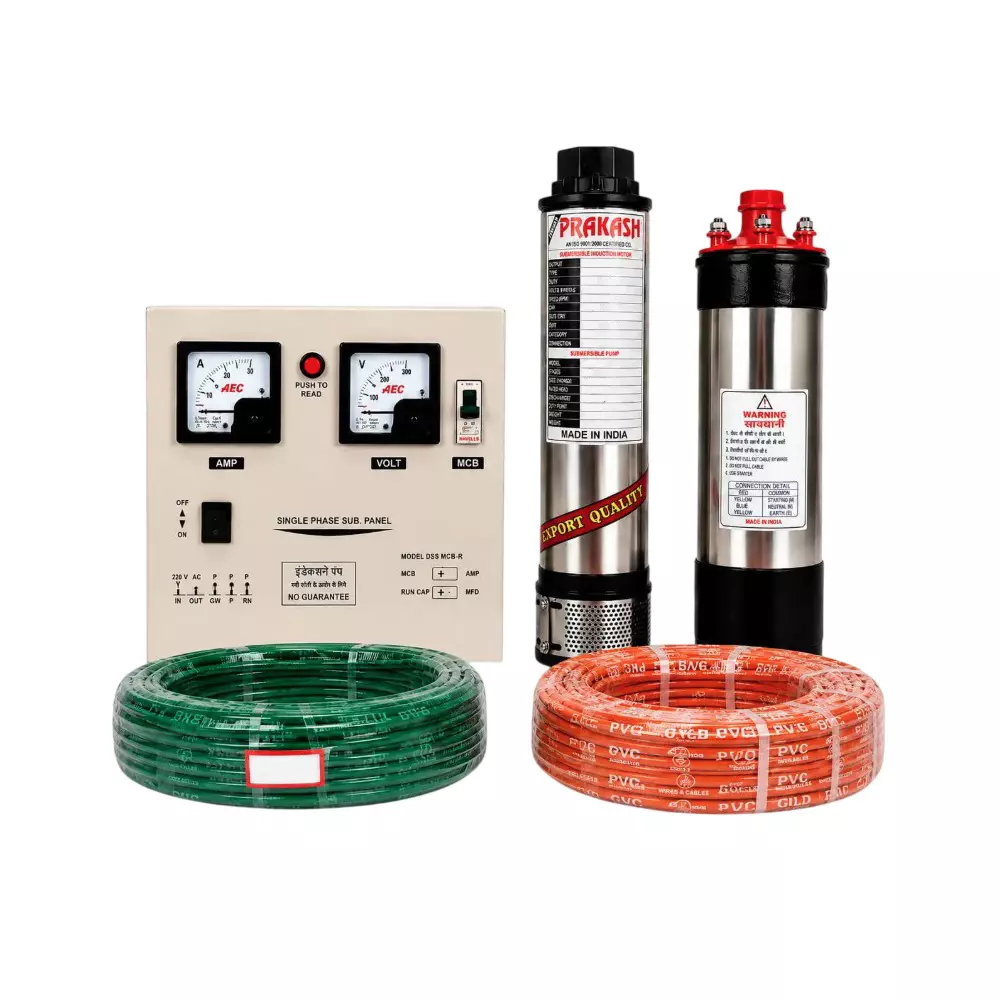 BALAJI PRAKASH 2 HP Single Phase Oil Filled Submersible Pump With Control Panel, 60 m Safety Wire & 50 m Submersible Cable 100 mm Bore Size 60 m Head Range