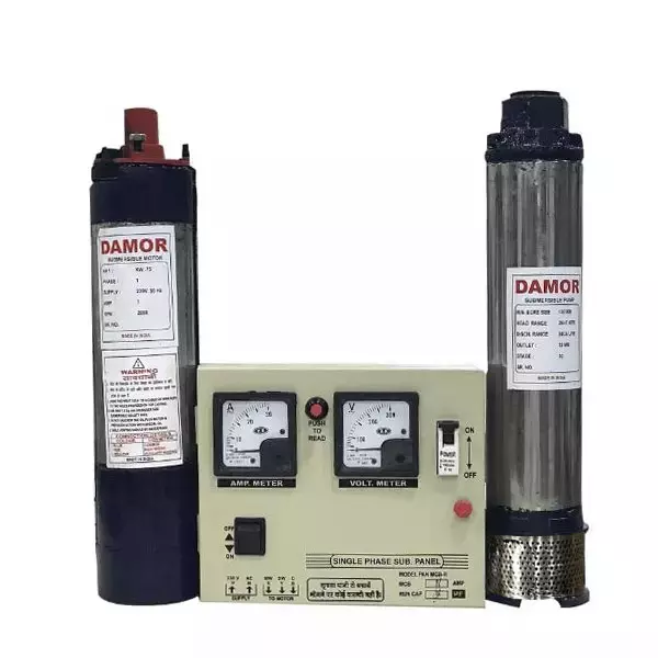 Damor 1HP 4 inch Single Phase Oil Filled Borewell Submersible Pump with Control Panel