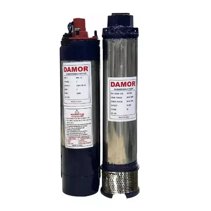 Damor 1HP 4 inch Single Phase Oil Filled Borewell Submersible Pump with Control Panel