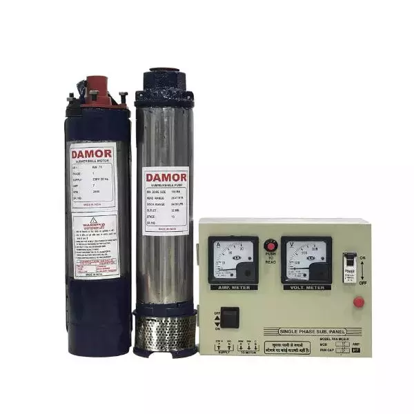 Damor 1HP 4 inch Single Phase Oil Filled Borewell Submersible Pump with Control Panel