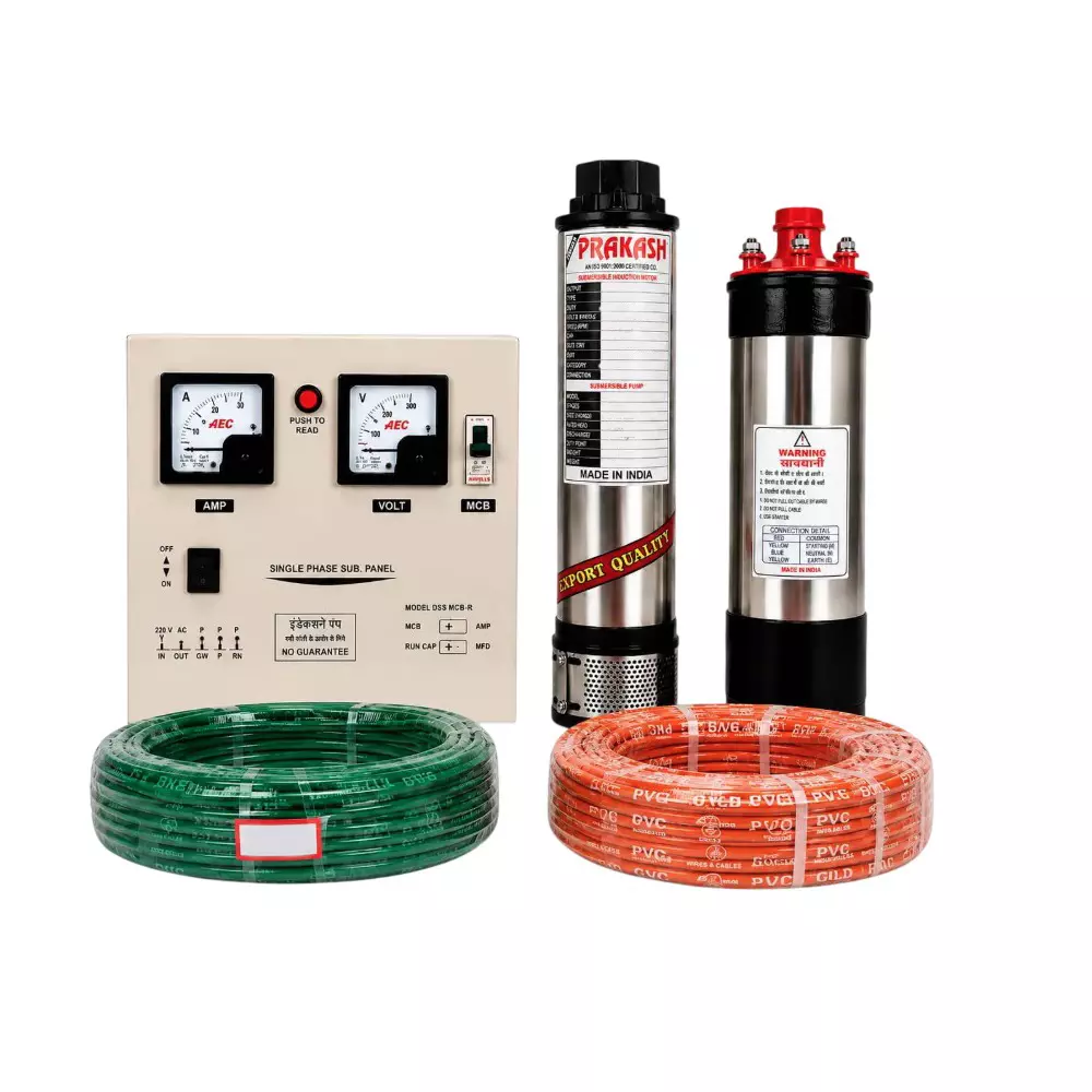 BALAJI PRAKASH 2 HP Single Phase Pure Copper Water Filled Submersible Pump With Control Panel, 60 m Safety Wire & 50 m Submersible Cable 100 mm Bore Size 60 m Head Range