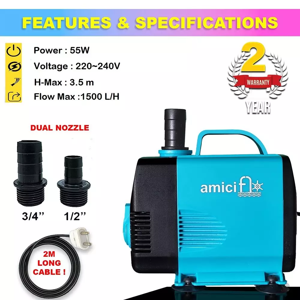 AmiciFlo Submersible Water Pump Blue & Black 15x9x12 cm Copper with 2 Nozzles 55 W Corded Electric 1500 L/Hrs Capacity