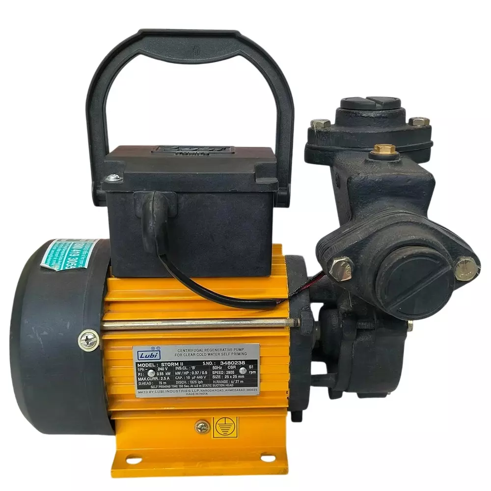 Lubi Storm II Centrifugal Water Pump Single Phase 0.5 HP Motor Power 36 LPM Flow Rate 6-27 m Head, Black & Yellow