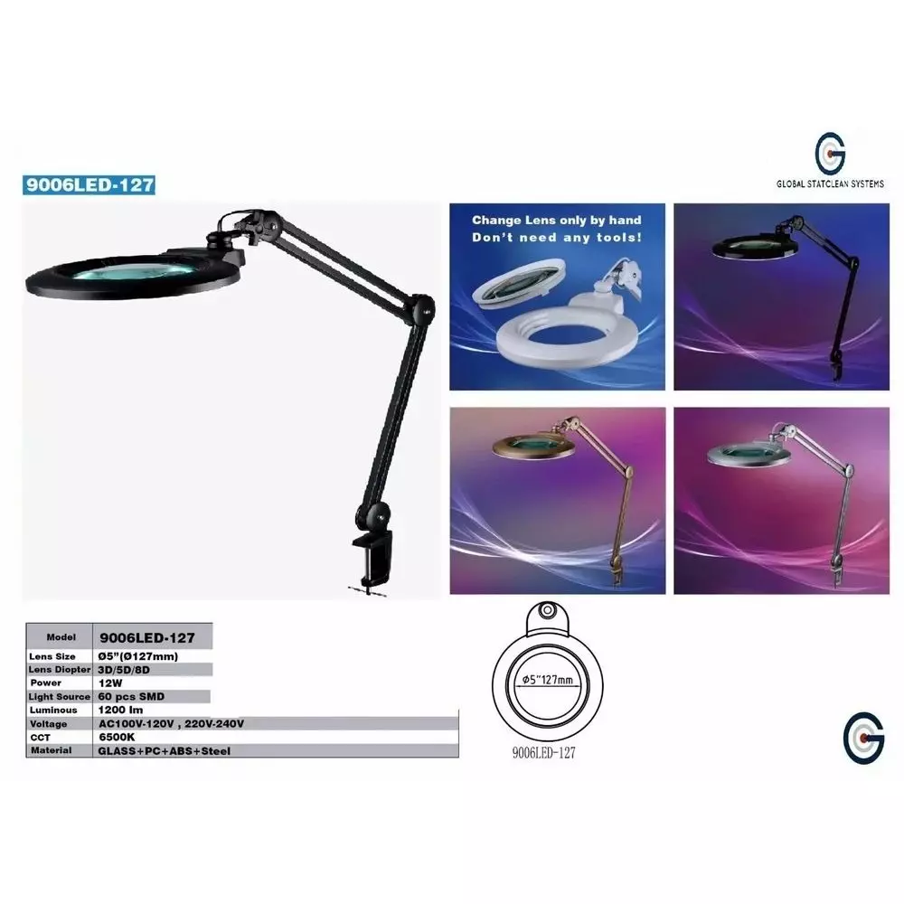 GLOBALSS ESD Safe Magnifier LED Lamp Black 3D 5X Clamp Type Mounting