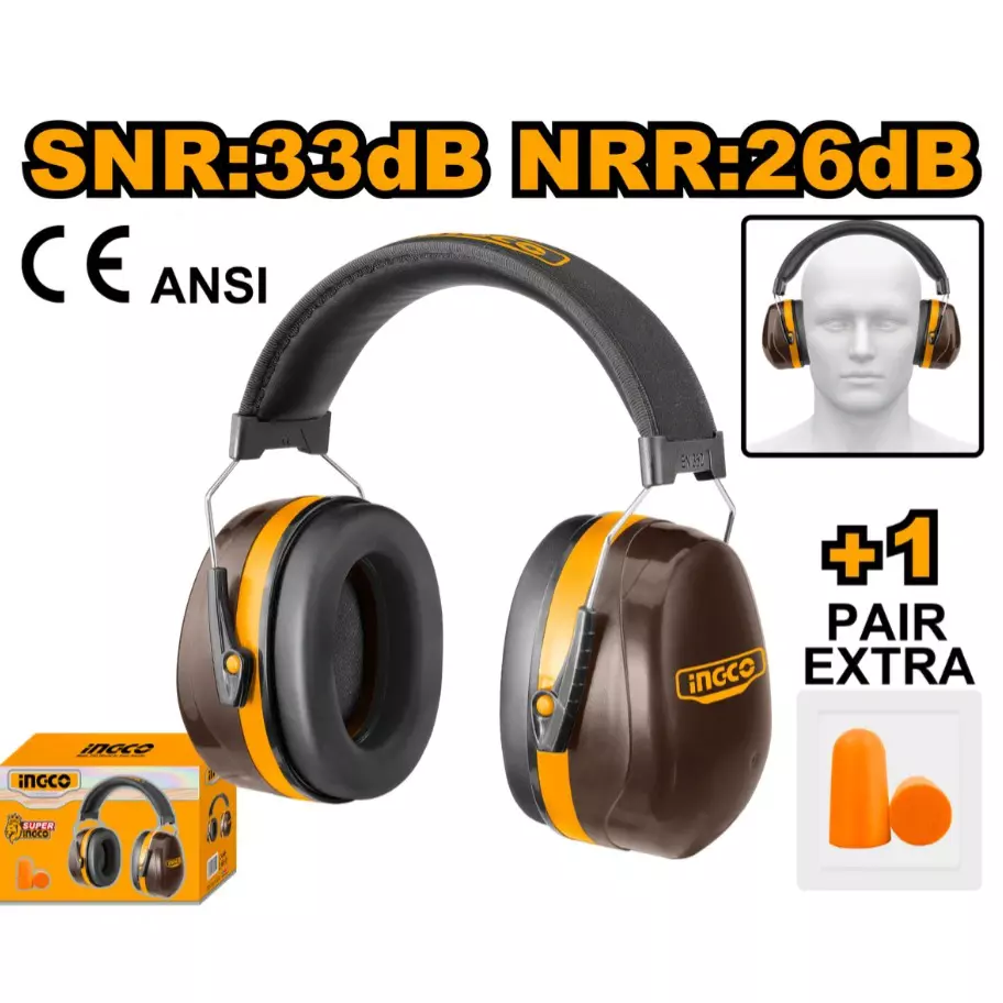Ingco Industrial Earmuff 26 dB, 32 dB Noise Reduction Rating and 33 dB, 38 dB SNR, HEM3328