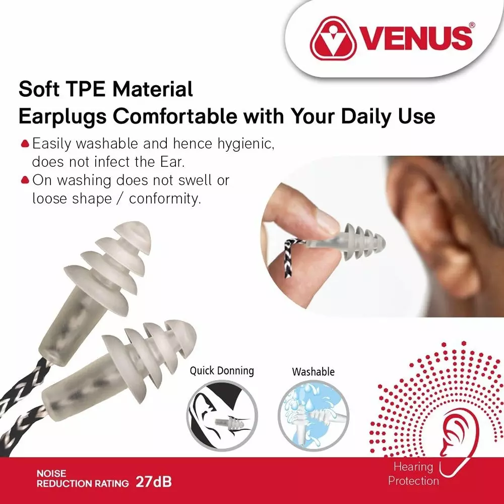 venus-n-303-reusable-earplugs-polyvinyl-chloride-pvc-tpe-27-db-nrr-multi-flange-transparent-clear-free-size-120611401-pack-of-10-pair