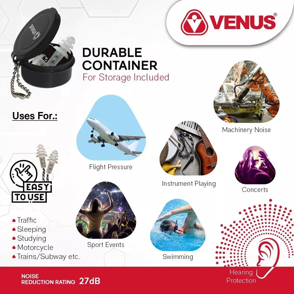 venus-n-303-reusable-earplugs-polyvinyl-chloride-pvc-tpe-27-db-nrr-multi-flange-transparent-clear-free-size-120611401-pack-of-10-pair