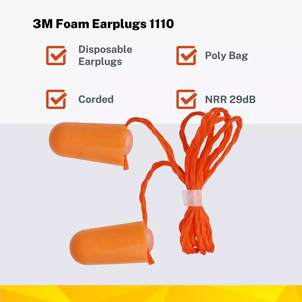 3M Corded Moulded Earplugs Orange Foam Noise Protection for Musician’s, Swimming & Industrial Use, 1110 (Pack of 25 Pair)