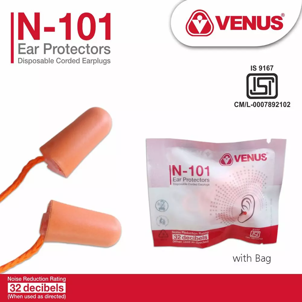 Venus N-101 Disposable Earplug Soft Polyurethane Foam 32 dB NRR Orange, 110612701 (Pack of 1500)