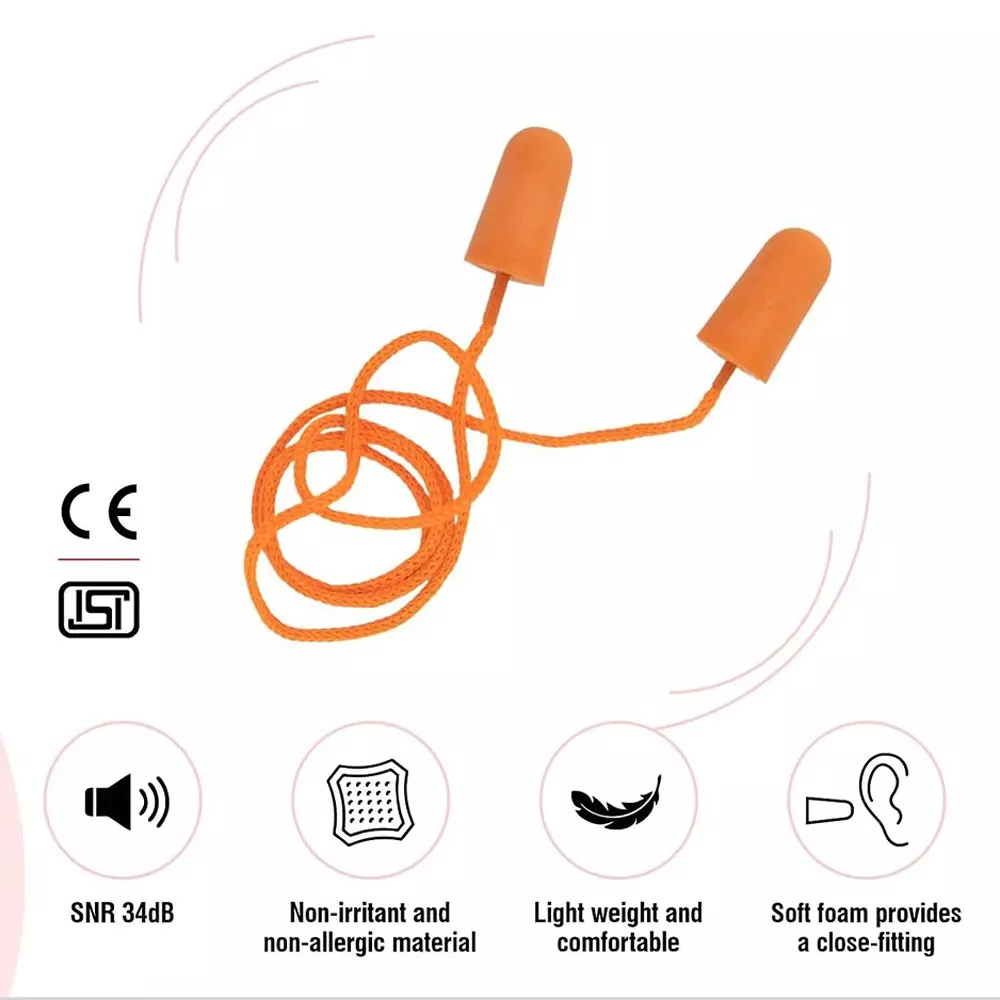 karam-disposable-foam-corded-ear-plugs-orange-34-db-snr-with-cotton-thread-ep-02-pack-of-1000-pcs