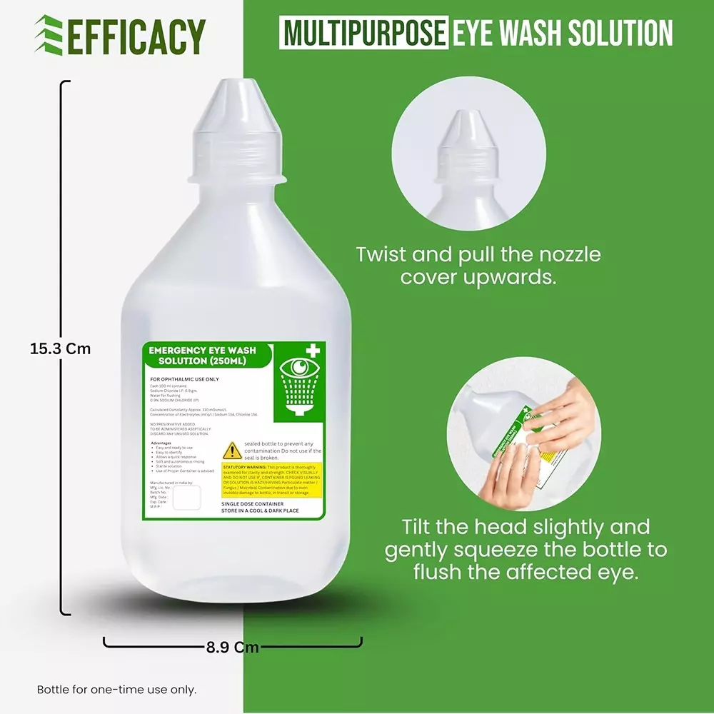EFFICACY Emergency Eye Wash Solution 250 ml Saline Rinse Sterile Preservative-Free