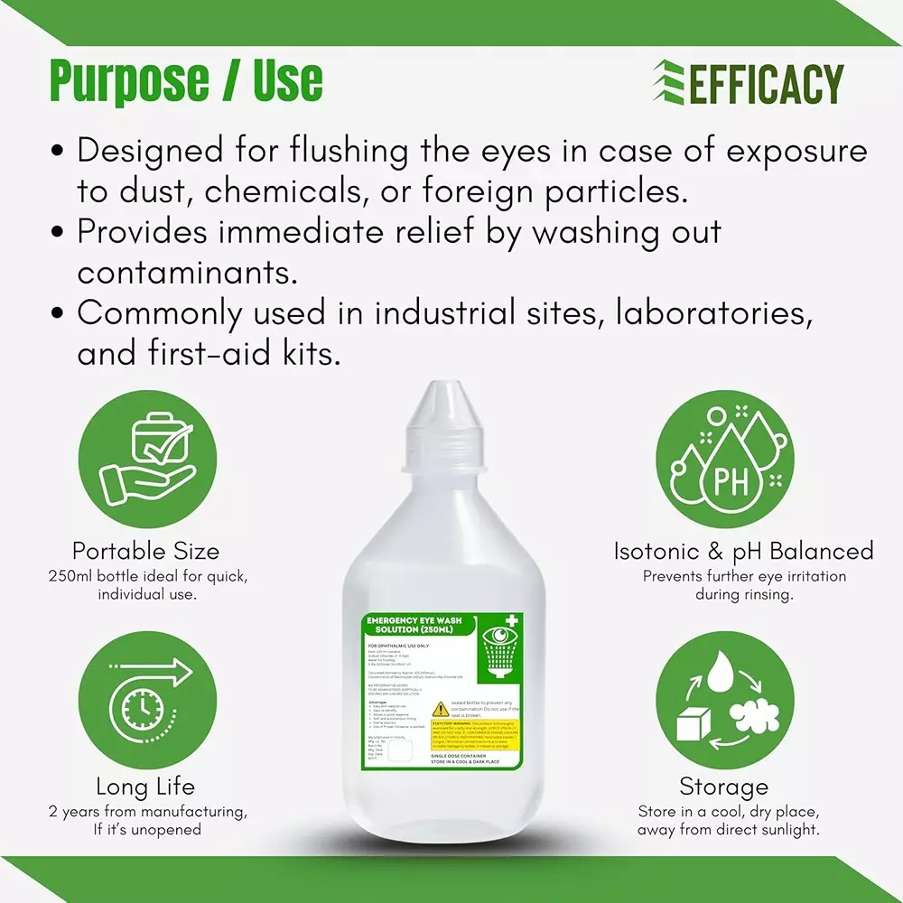 EFFICACY Emergency Eye Wash Solution 250 ml Saline Rinse Sterile Preservative-Free