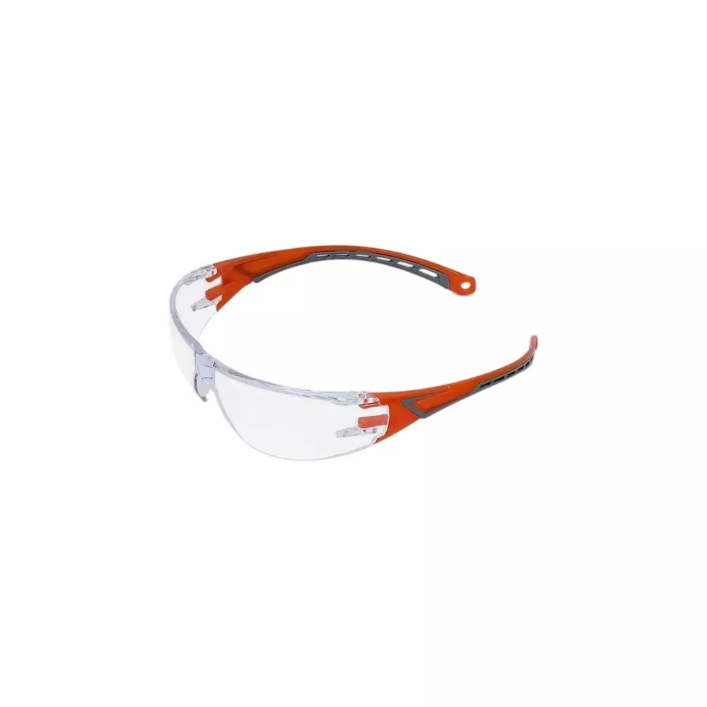Frontier Eye Protection Safety Goggles Sporty Style Polycarbonate 99% UV Protection Lens with Orange Co-Injected Temples and Soft Adjustable Nosepad, FT111(CLEAR/AF)