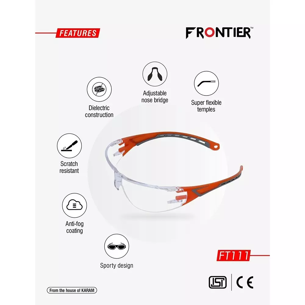 karam-frontier-eye-protection-safety-goggles-sporty-style-polycarbonate-99-uv-protection-lens-with-orange-co-injected-temples-and-soft-adjustable-nosepad-ft111clearaf