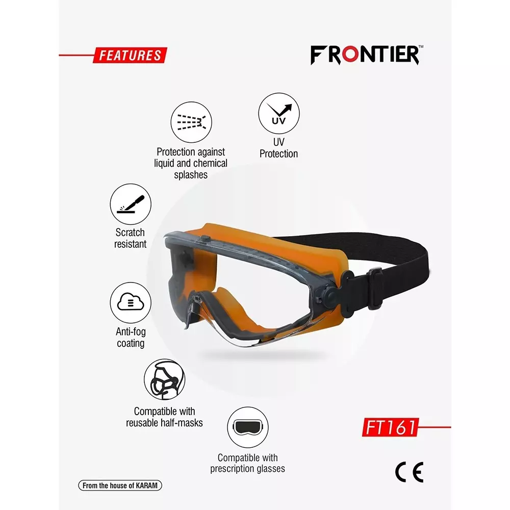 karam-frontier-chemical-splash-safety-goggles-sporty-style-polycarbonate-clear-lens-with-hi-vis-soft-orange-frame-and-black-elastic-headband-ft161clearaf