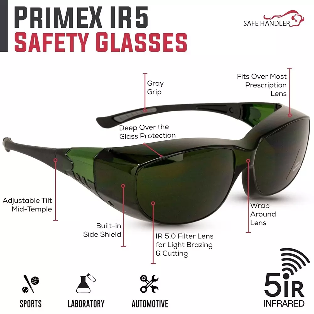SAFE HANDLER PrimeX IR5 Safety Glasses Rimless Frame Anti-Scratch Anti Fog Wrap Around Lens Polycarbonate Black Dark Green