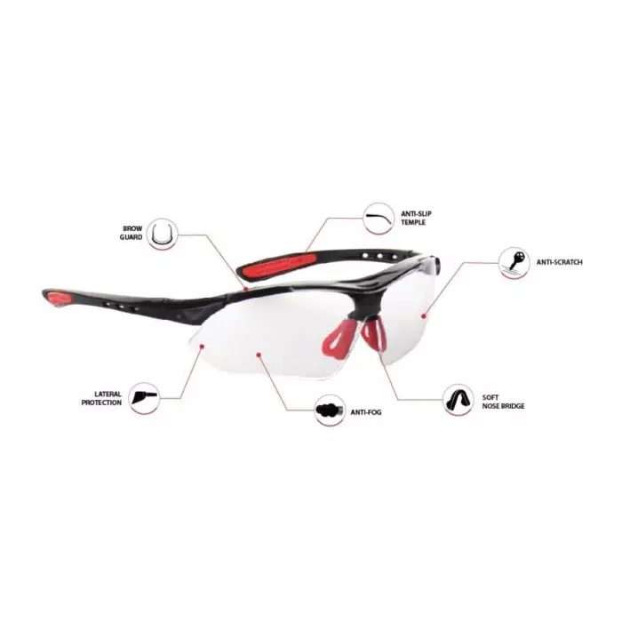 BISON LIFE Safety Glasses Sportzv Clear Lens, Black Frame, Red Soft Rubber Nose Piece & Temples Pads