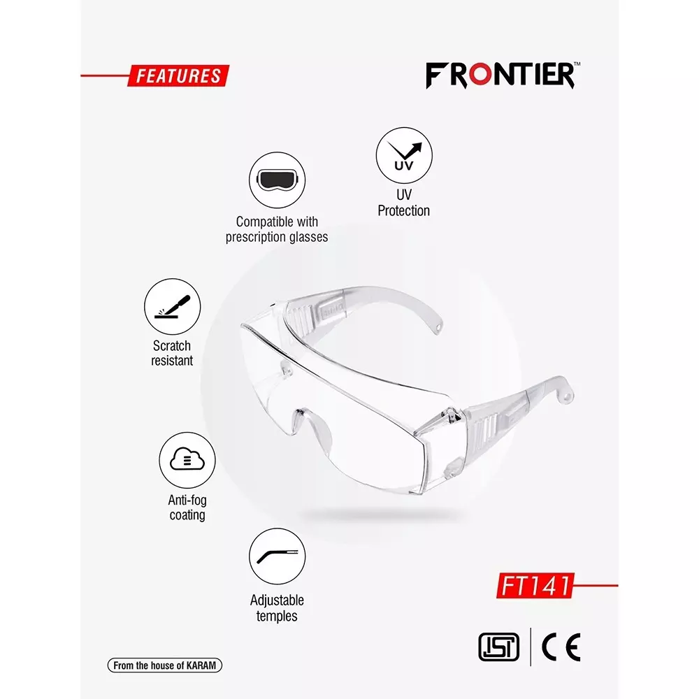 karam-frontier-eye-protection-safety-goggles-polycarbonate-99-uv-protection-anti-scratch-coating-lens-with-embedded-nosepad-clear-vantilated-frame-ft141clear