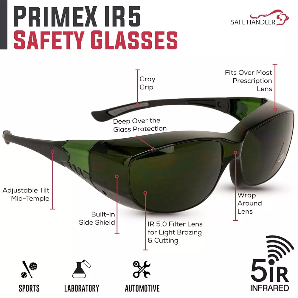 SAFE HANDLER PrimeX IR5 Safety Glasses IR5 Anti-Scratch & Anti Fog Wrap Around Lens, Black & Dark Green
