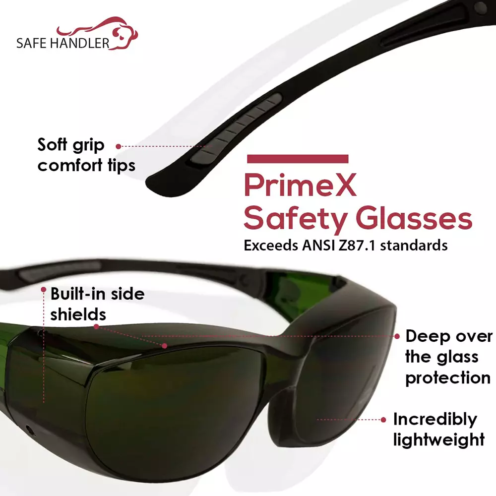 SAFE HANDLER PrimeX IR5 Safety Glasses IR5 Anti-Scratch & Anti Fog Wrap Around Lens, Black & Dark Green