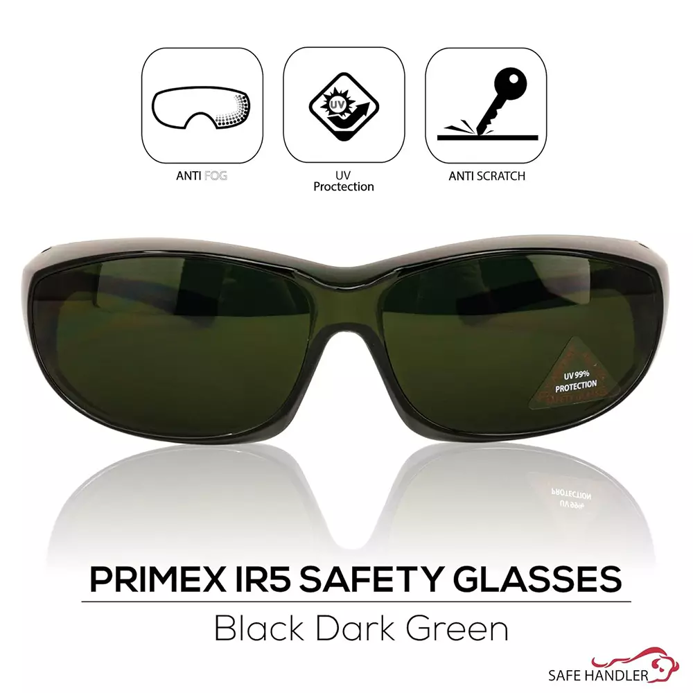 SAFE HANDLER PrimeX IR5 Safety Glasses IR5 Anti-Scratch & Anti Fog Wrap Around Lens, Black & Dark Green