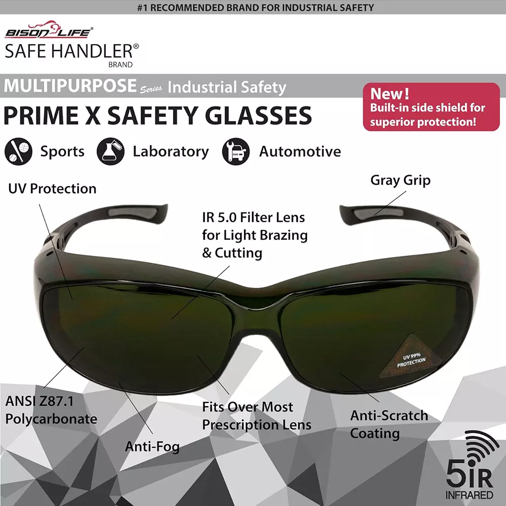 SAFE HANDLER PrimeX IR5 Safety Glasses IR5 Anti-Scratch & Anti Fog Wrap Around Lens, Black & Dark Green