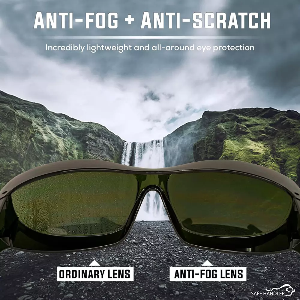 SAFE HANDLER PrimeX IR5 Safety Glasses IR5 Anti-Scratch & Anti Fog Wrap Around Lens, Black & Dark Green