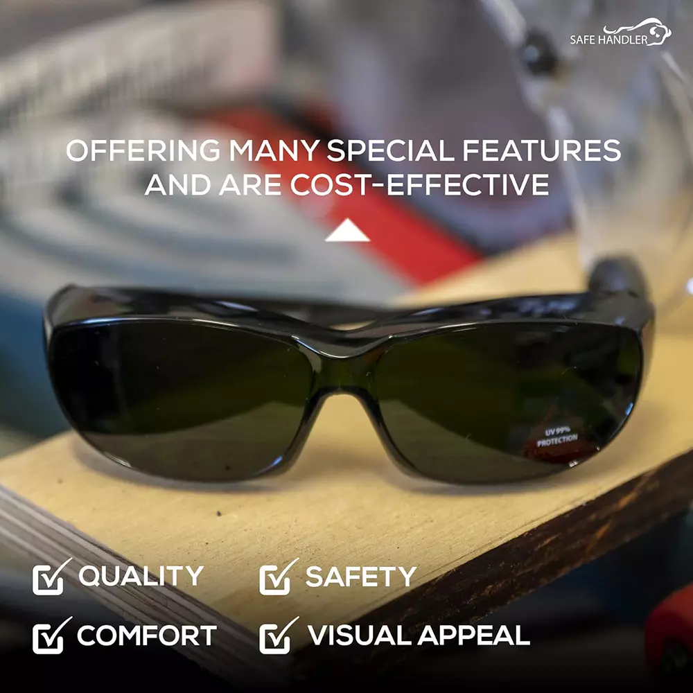 SAFE HANDLER PrimeX IR5 Safety Glasses IR5 Anti-Scratch & Anti Fog Wrap Around Lens, Black & Dark Green