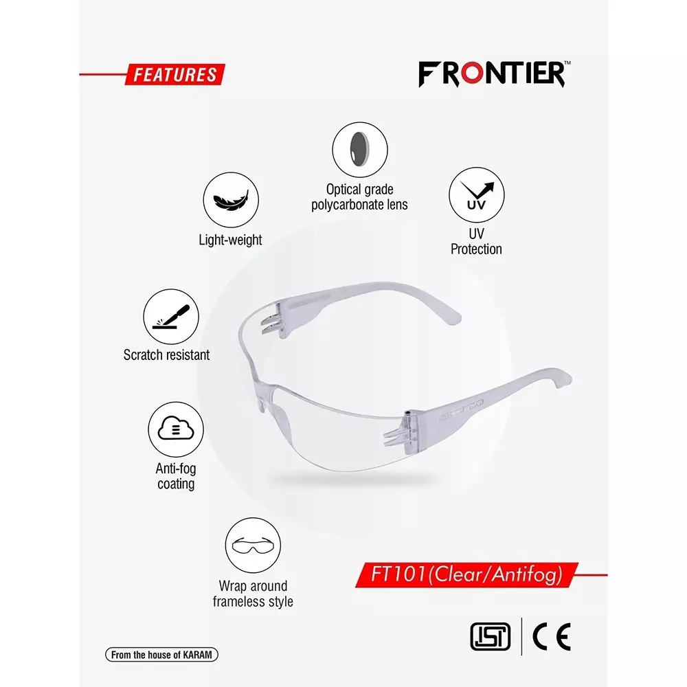 karam-frontier-eye-protection-safety-goggles-polycarbonate-99-uv-protection-and-anti-scratch-coating-lens-with-embedded-nosepad-ft101clearaf