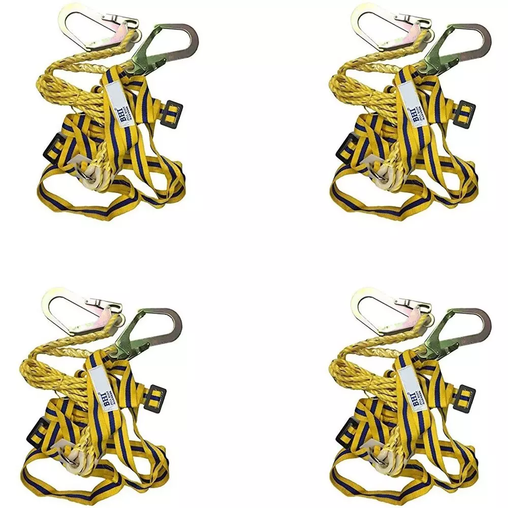 BHI Full Body Safety Harness Scaffolding Double Hook Polyster Yellow Free Size 100 Kg Load Capacity for Industrial & Construction Area Use, (Pack of 4 Pcs)