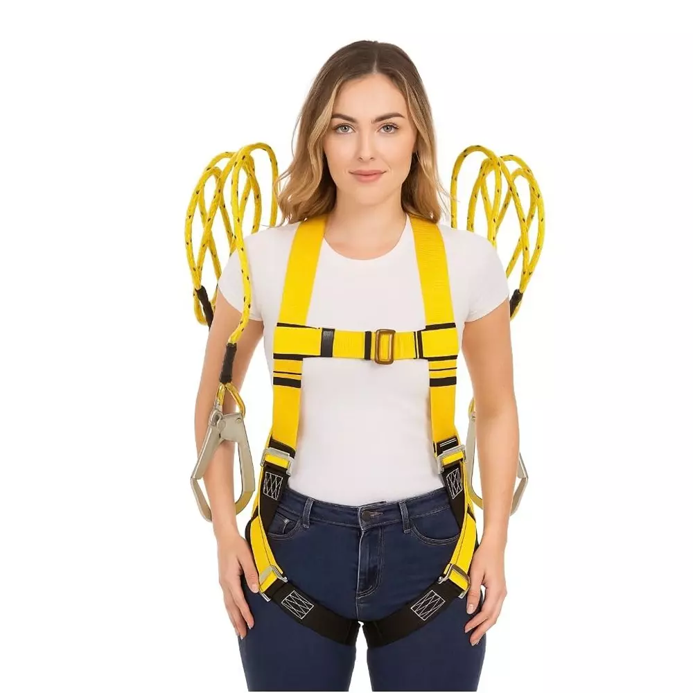 Safemetal Safety Belt Harness with Scaffolding Hook Double Lanyard Yellow Nylon Free Size for Construction, Maintenance Work,V7-802V-O2J9