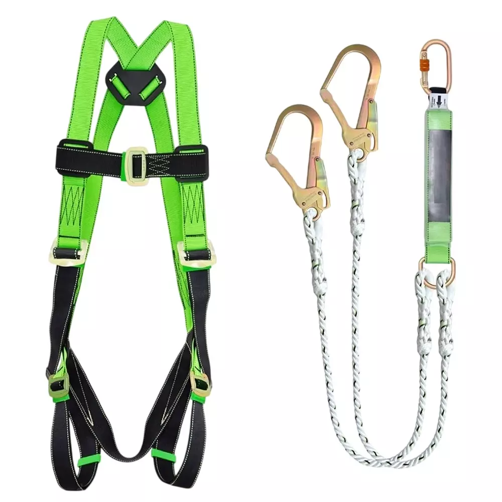 GENERIC Double Scaffold Hook Safety Harness Belt With Lanyard Shock Absorber Polyster Green & Black Full Body Free Size for Construction & Industrial Use