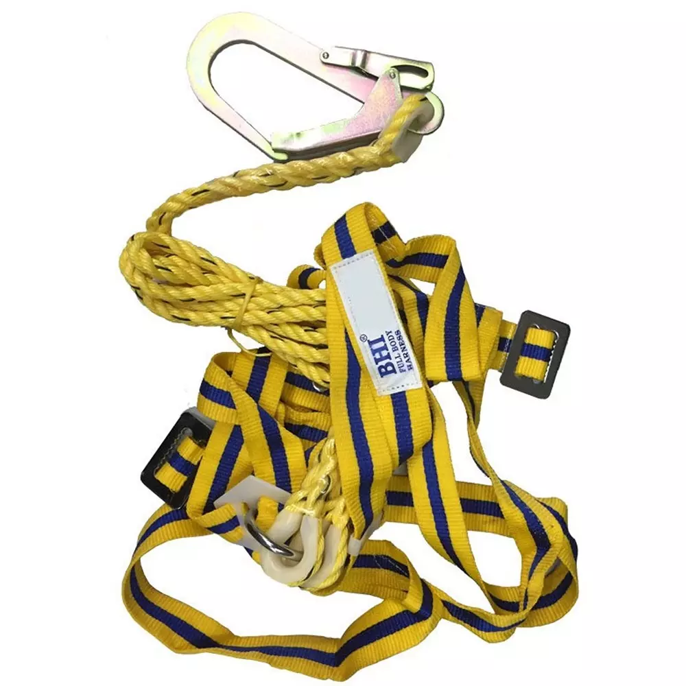 BHI Full Body Safety Harness Scaffolding Single Hook Polyster Yellow Free Size 100 Kg Load Capacity for Industrial & Construction Area Use, (Pack of 10 Pcs)
