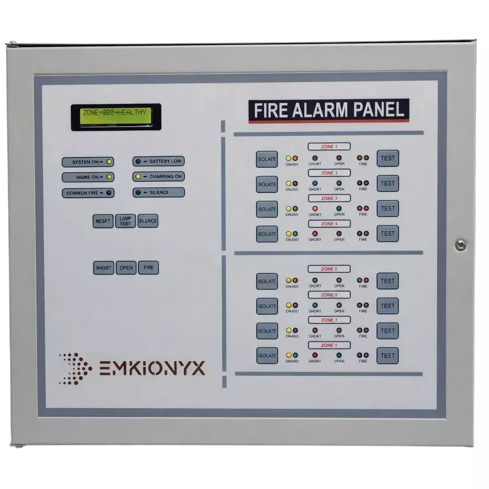 Emkionyx Conventional Fire Alarm Control Panel 8 Zone 2 x 16 Character Backlit LCD Display Microprocessor-Based, CX-9081